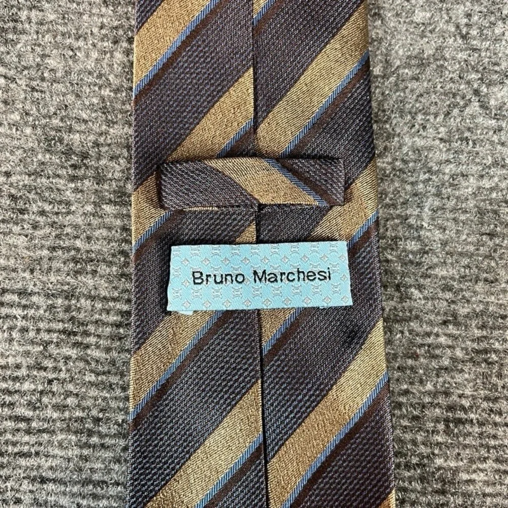 Bruno Marchesi Mens Silk Necktie Brown Tan Blue Diagonal Striped Handmade Tie